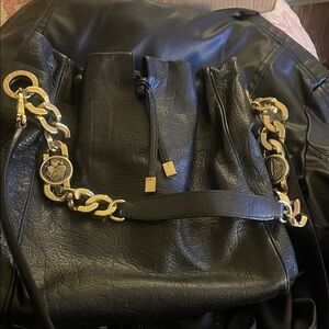 Bulgari Black Leather Shoulder Bag with Gold Chain